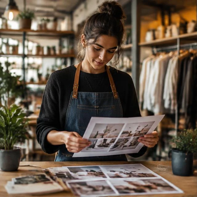 Business owner reviewing promotional content